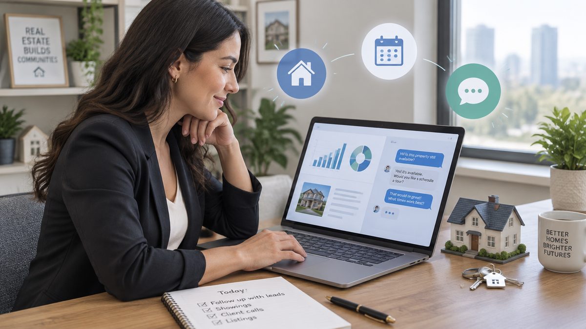 Real estate agent using AI tools on a laptop at her desk