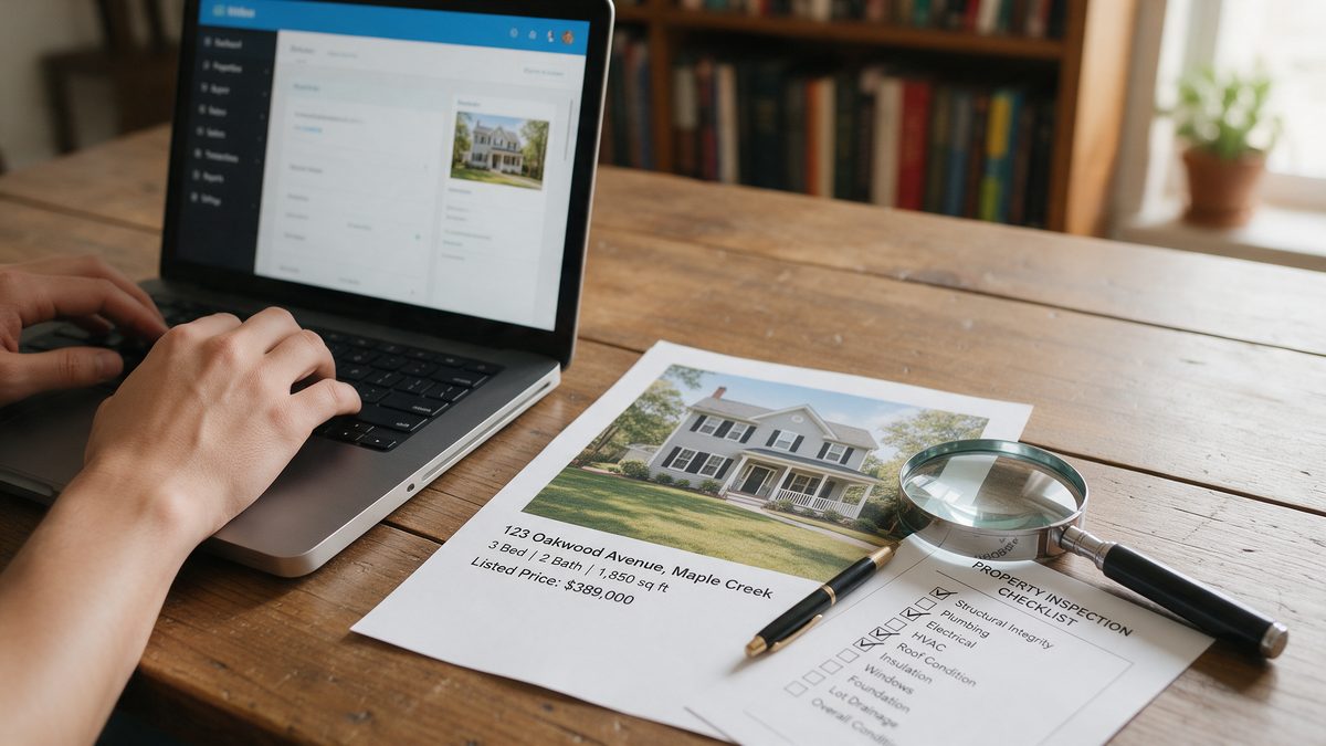 Agent writing a property listing description on a laptop next to a printed flyer and checklist