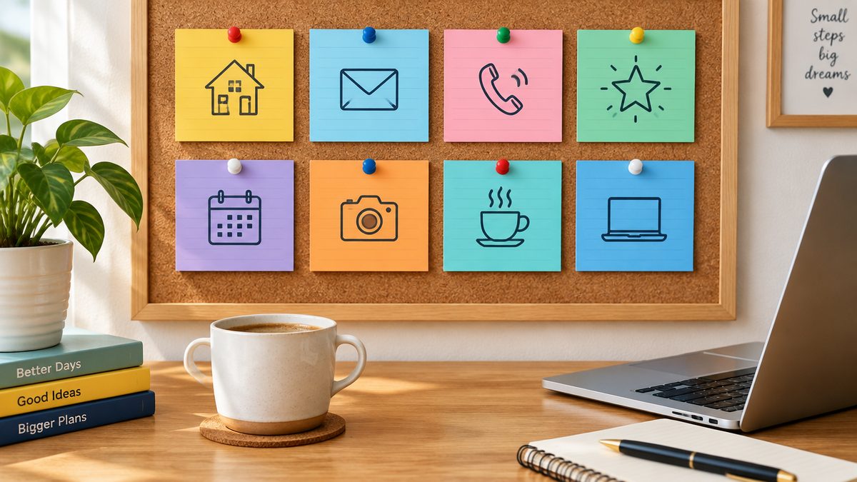 Colorful prompt cards with real estate task icons pinned on a corkboard