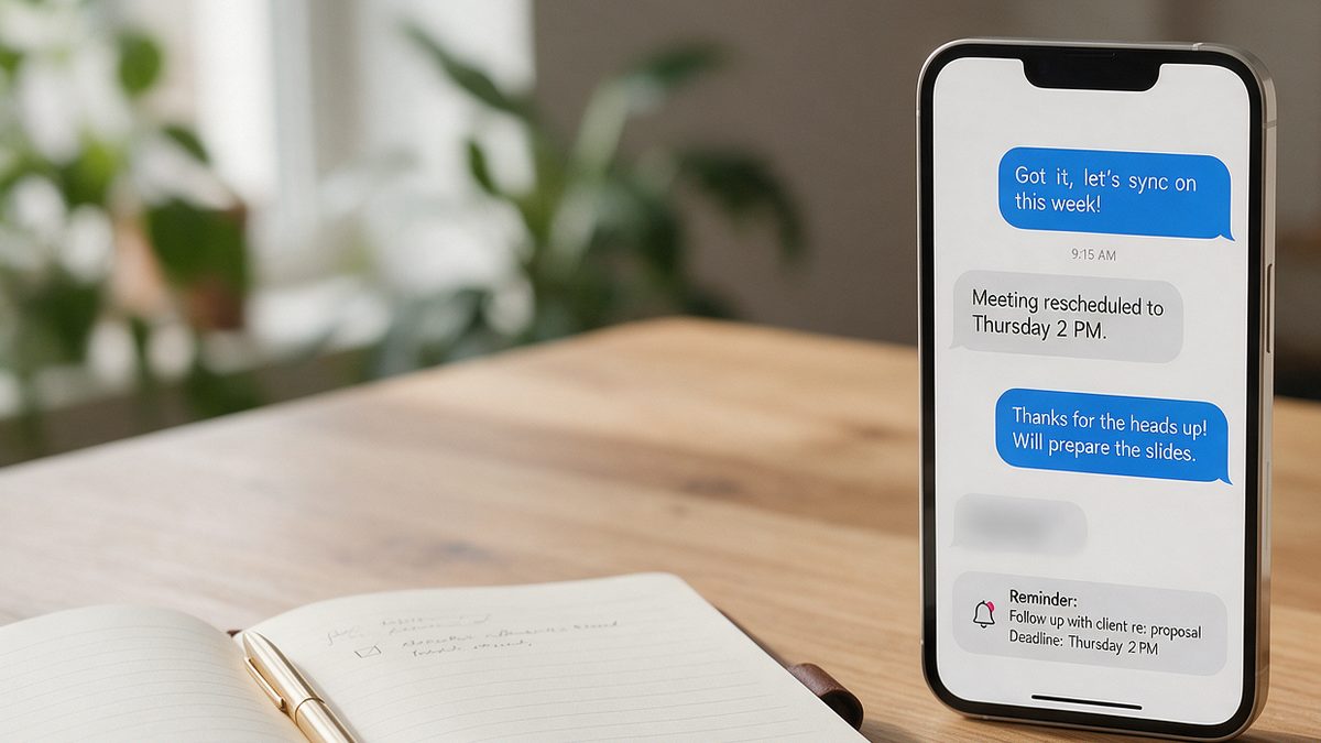 Smartphone showing follow-up messages and a client reminder on a desk