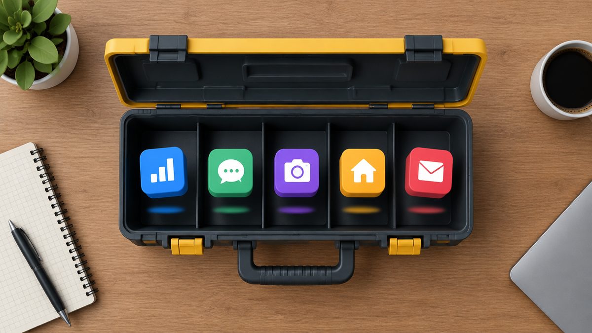 Toolbox holding app icons representing AI tools for real estate agents