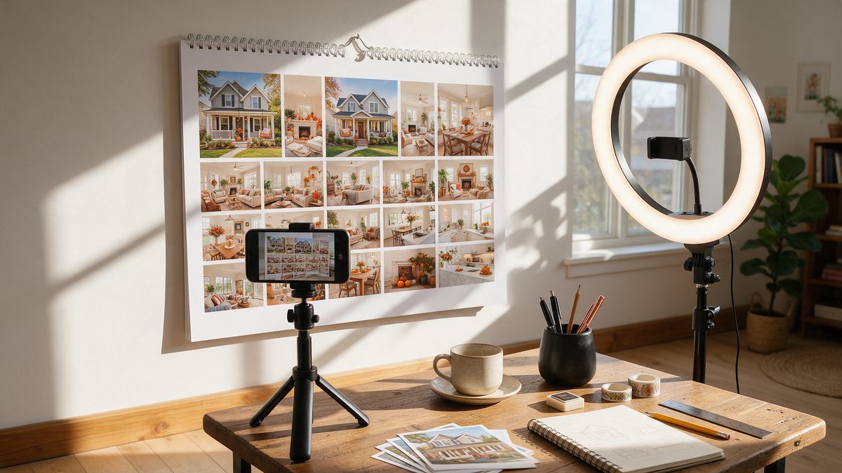 Wall calendar of home photos with a phone on a tripod and a ring light for social media content