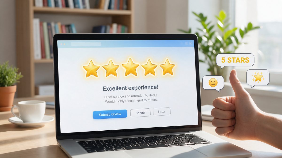 Laptop showing a five-star customer review with a thumbs up