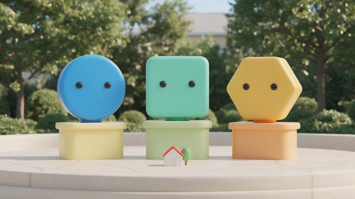 Three friendly robot heads on pedestals comparing AI assistants