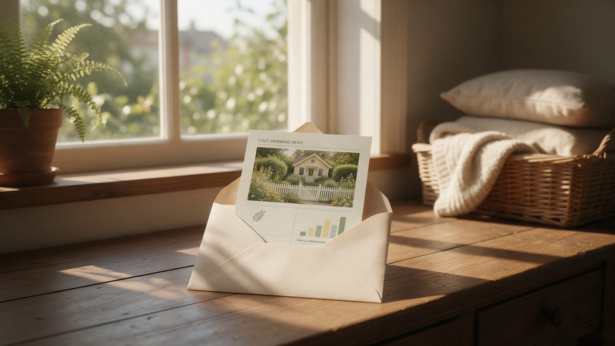 Real estate newsletter coming out of an envelope on a sunny windowsill